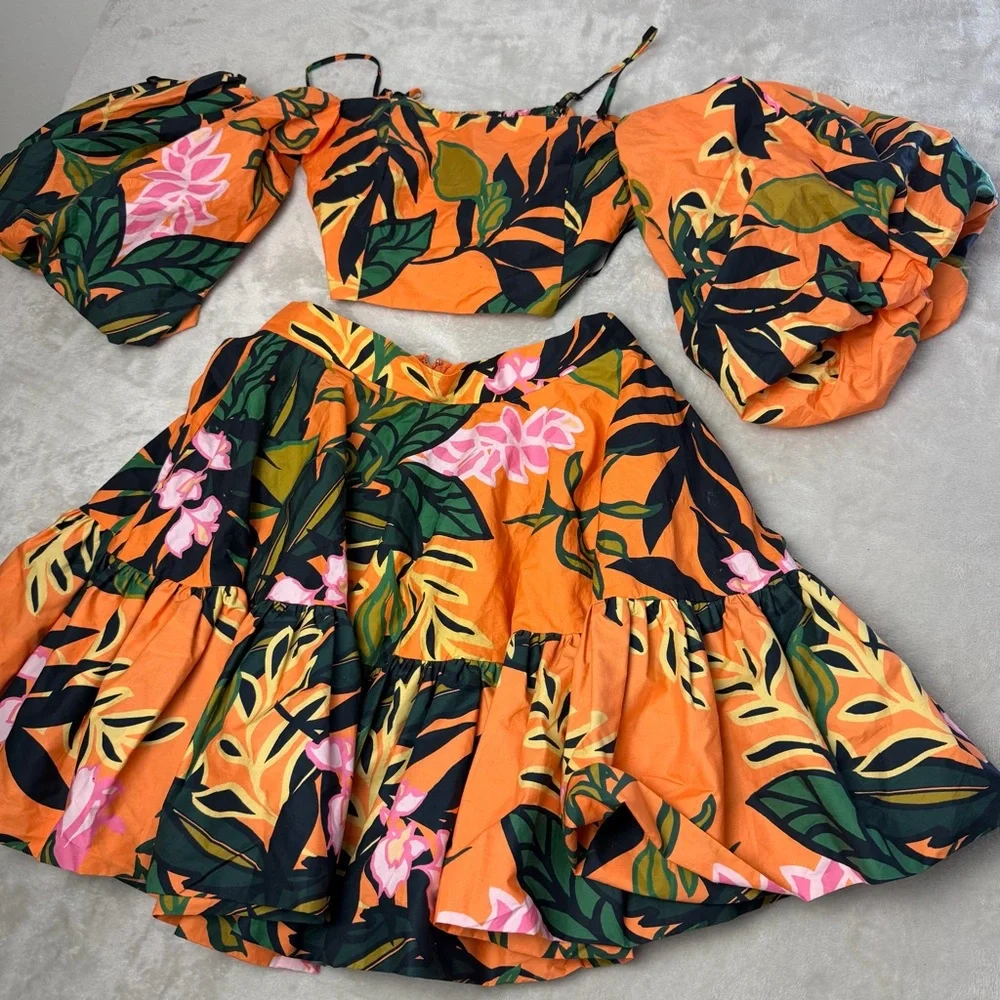 RARE SKIRT SET BLOGGER FAVORITE H&M Orange flare puff sleeve tropical crop XS M - Picture 2 of 11